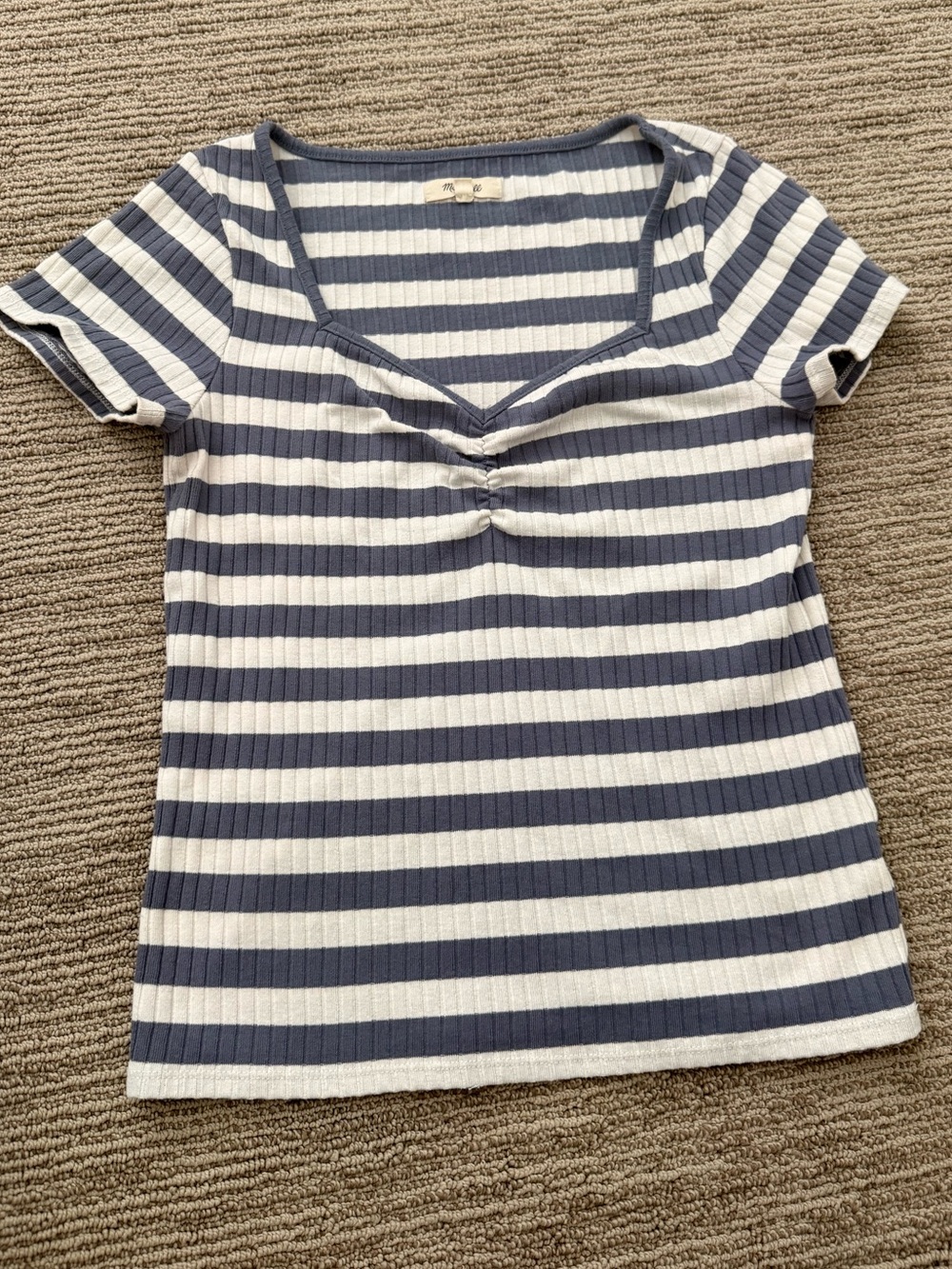Madewell Navy & White Striped V-Neck Ribbed Tee